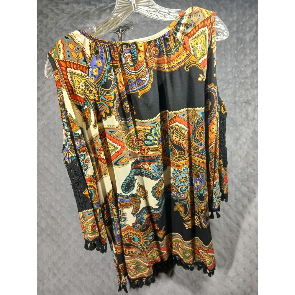 Caleoos Paisley Cold Shoulder Tunic Top M Tassels Artsywear Festival Boho - Picture 7 of 8